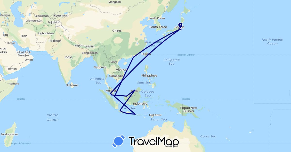 TravelMap itinerary: driving in Brunei, China, Indonesia, Japan, Malaysia, Singapore (Asia)